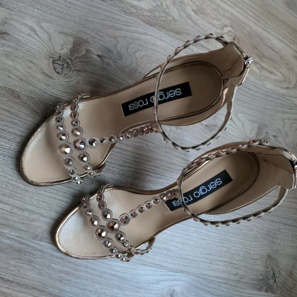 Sergio Rossi Crystal Embellished Grecian Stiletto Heels Rose Gold Copper - Picture 10 of 12